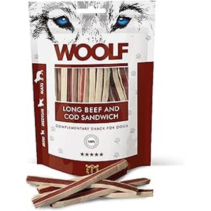 Woolf - Snack per Cani 100% naturale - Sandwich Lungo di Manzo e Merluzzo 100g