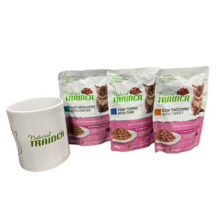 Natural Trainer Kit - Bocconcini in salsa per gatti 4pz per 3 gusti: Merluzzo, Tonno, Tacchino (12x85g) - in OMAGGIO una tazza